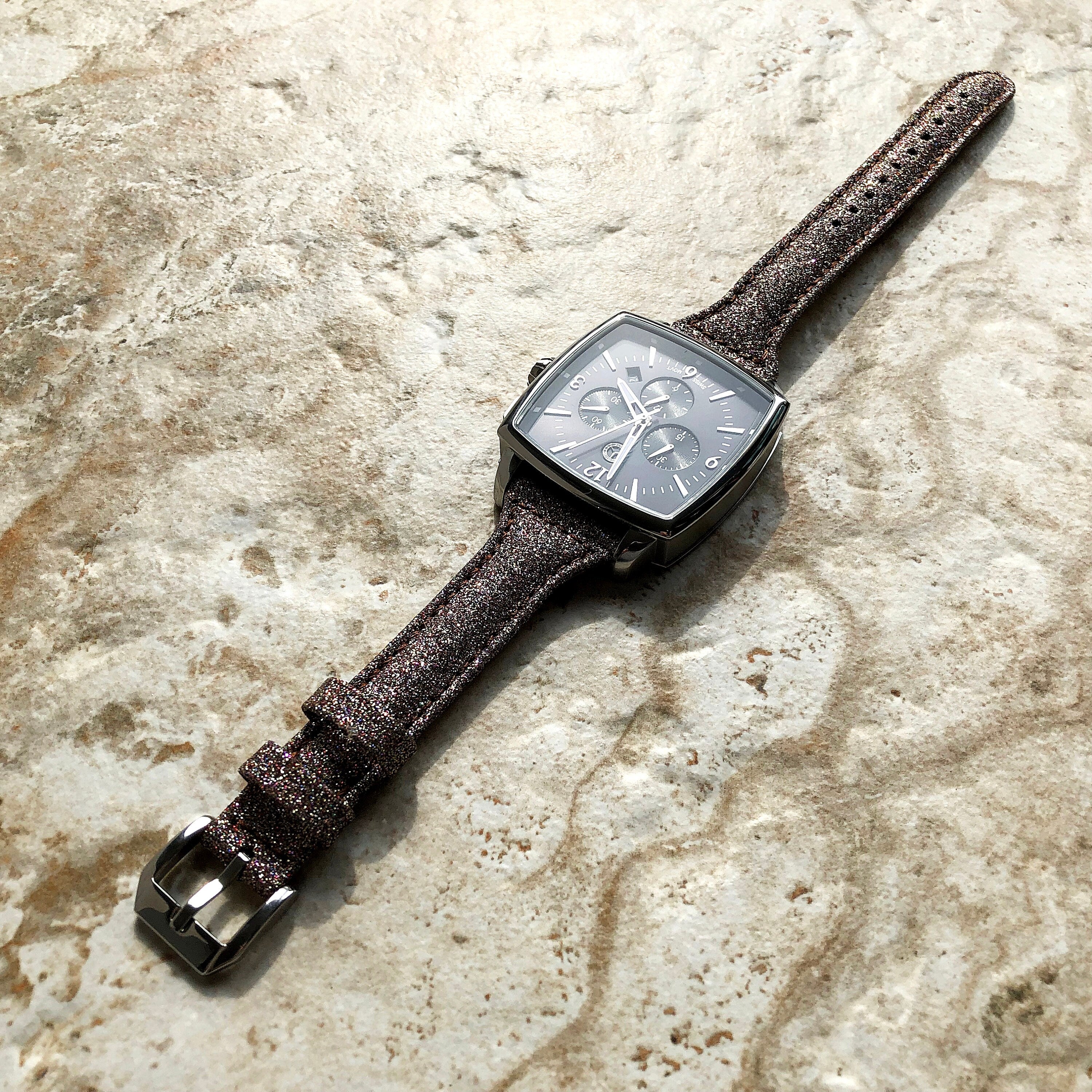 22mm Brown Sparkling Glitter Slim and Elegant Soft Leather Watch Strap Band for Wrist Hand Watches Quick Release Pins - Ready to Attach